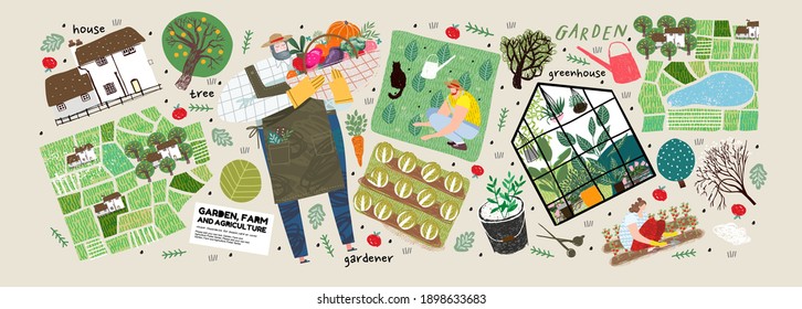 Garden, farm and agriculture. Vector illustration of gardener, garden beds, fields, maps, houses, nature, greenhouse and harvest. Drawings and objects for poster, background or postcard
