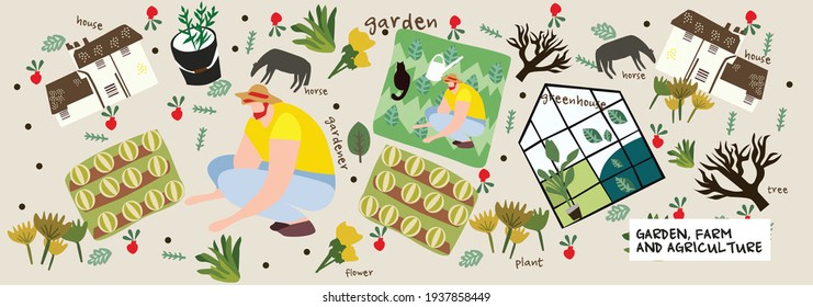Garden, farm and agriculture. Vector illustration of gardener, garden beds, fields, maps, houses, nature, greenhouse and harvest. Drawings and objects for poster, background or postcard. eps 10