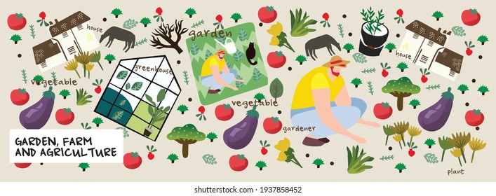 Jardín, granja y agricultura. Ilustración vectorial de jardinero, lechos de jardín, campos, mapas, casas, naturaleza, invernadero y cosecha. Dibujos y objetos para afiche, fondo o postal. Pasos 10