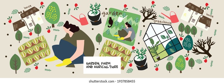 Garden, farm and agriculture. Vector illustration of gardener, garden beds, fields, maps, houses, nature, greenhouse and harvest. Drawings and objects for poster, background or postcard. eps 10