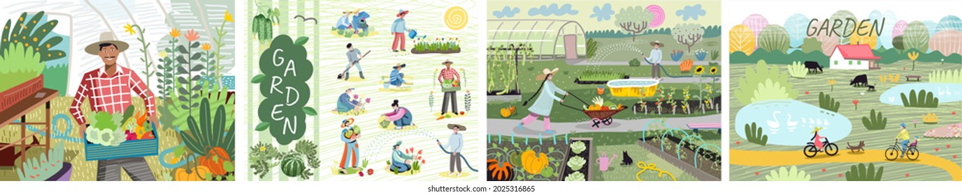 Garden, farm and agriculture. Vector illustration. Set of gardeners working in garden. Florists are watering. Field, pond, village, nature, greenhouse, harvest. Drawings for a poster or postcard.