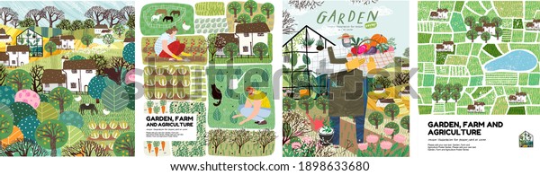 Garden, farm and\
agriculture. Vector illustration of gardener, garden beds, fields,\
maps, houses, nature, greenhouse and harvest. Drawings for poster,\
background or\
postcard\
