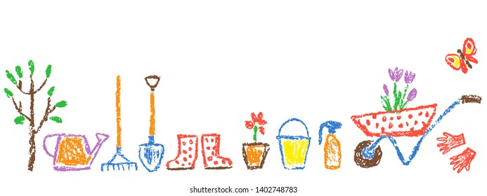 Garden or farm border background and gardening tools set. Like child hand drawing outdoor header banner design. Crayon pencil isolated vector flower, shovel, fence, cart, rubber boots, plant, rake.