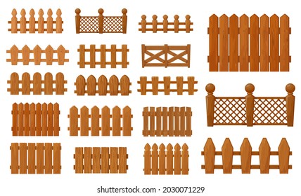 Garden and farm cartoon wooden fence, vector palisade gates, balustrade with pickets. Enclosure railing, banister or fencing sections with decorative pillars. Wood border panels isolated elements set