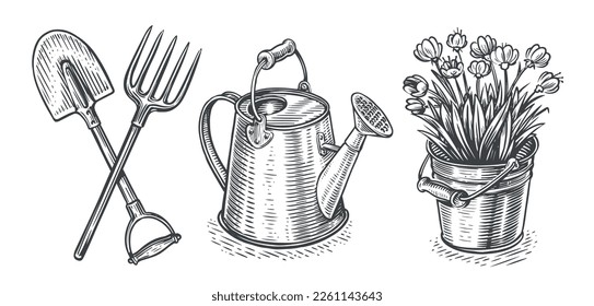 Garden, farm concept. Gardening set of items sketch. Agriculture, farming objects vintage vector illustration