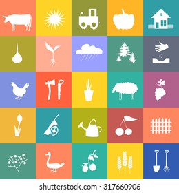 Garden and farm icon set with white symbols