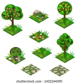 Garden or farm isometric tile set. Isolated isometric tiles trees, flowers in grass, bushes in blossom and paving walks to design garden landscape scene in cartoon or game asset. Vector illustration