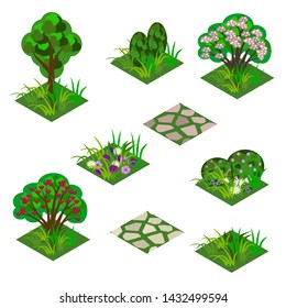 Garden or farm isometric tile set. Isolated isometric tiles trees, flowers in grass, bushes in blossom and paving walks to design garden landscape scene in cartoon or game asset. Vector illustration