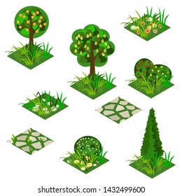 Garden or farm isometric tile set. Isolated isometric tiles trees, flowers in grass, bushes in blossom and paving walks to design garden landscape scene in cartoon or game asset. Vector illustration