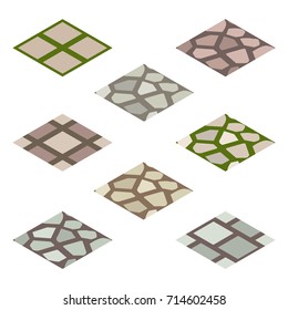 Garden or farm isometric tile set. Isolated tiles with walk paving. Vector illustration, can be used as a game or app asset to create landscape or garden scene.