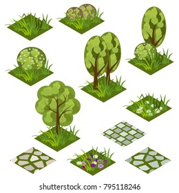 Garden or farm isometric tile set. Isolated isometric tiles with grass, flowers, bushes and trees to design garden landscape scene. Use in cartoon or game asset. Vector illustration