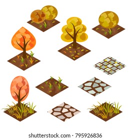 Garden or farm isometric tile set. Isolated isometric tiles with autumn grass, bushes and trees to design garden landscape scene, autumn season. Use in cartoon or game asset. Vector illustration