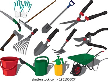 Garden farm kaleyard tools vector set, summer working, olericulture, orchardin, pomiculture, fruit-growing, vegetable-growing, plant care, rngrowing flowers using tools like bucket, watering can