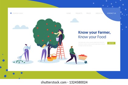 Garden Farm Landscape Farmer Concept Landing Page. Woman Pick Apple Harvest with Ladder. Character Harvesting Ripe Organic Fruit from Green Tree Website or Web Page. Flat Cartoon Vector Illustration