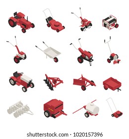 Garden farm machinery outdoor power equipment isometric icons collection with lawnmowers wheelbarrow brush cutters isolated vector illustration 