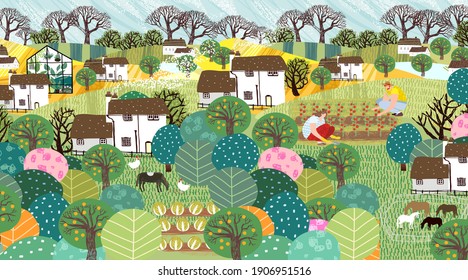 Garden, farm, nature and countryside. Vector illustration of a landscape with houses, trees, agriculture, livestock and grass. Drawing for banner, postcard or background