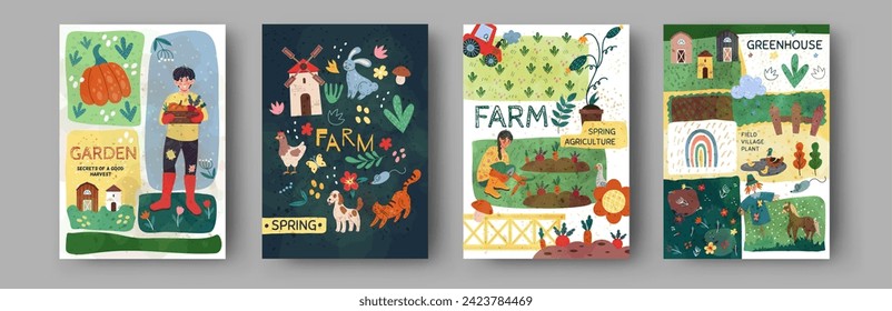 Garden farm. Organic food posters or banners design. Agriculture eco forest farmer, field village plant, watercolor spring, animal and harvest on background, autumn home tree. Vector tidy illustration