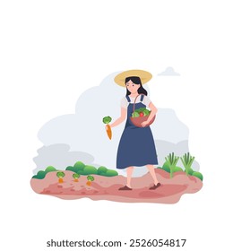 Jardín, granja y rancho. Ilustración vectorial de mujeres cuidando el huerto