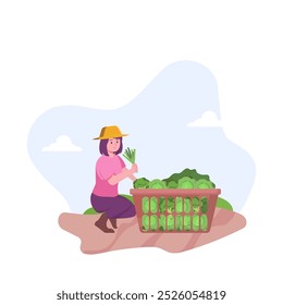 Jardín, granja y rancho. Ilustración vectorial de mujeres cuidando el huerto