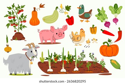Garden farm set of animals and vegetables - pig and goat, hen with chick and duck, planted rows. Fresh produce of tomatoes and pumpkin, squash and peppers. Cartoon livestock for agriculture design.