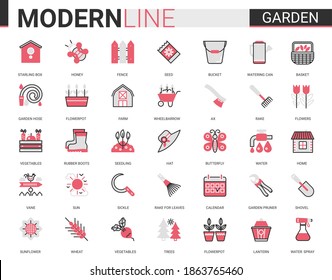 Conjunto de ilustraciones vectoriales del icono de la granja de jardines. Ropa de jardinería o accesorios de paisajismo delgados y rojos para granjeros, colección de símbolos de pictograma de esquinas para equipos agrícolas