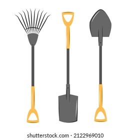 Garden and farm tools set: rakes and shovels. Vector illustration Isolated on white.