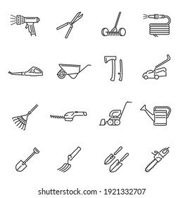 Garden farm tools thin line icons set isolated on white. Pruner, irrigator, lawn mower outline pictograms collection. Watering can, hose, rake, shovel, cart vector elements for infographic, web.