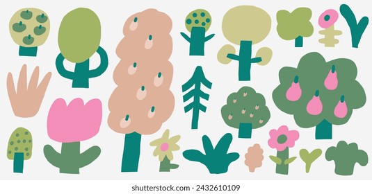 Garden, farm trees, flowers set. Cute hand drawn doodle plants set in cartoon style for ranch, countryside, village. Trees icons clip art