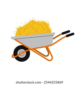 Garden or farm wheelbarrow. Food for pets. A wheelbarrow full of dry hay. Flat vector illustration on white background. 