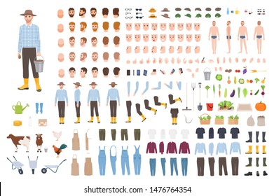 Garden or farm worker creation set or constructor kit. Bundle of male character body parts, clothes, emotions, working tools, livestock isolated on white background. Flat cartoon vector illustration.