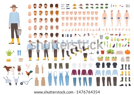 Garden or farm worker creation set or constructor kit. Bundle of male character body parts, clothes, emotions, working tools, livestock isolated on white background. Flat cartoon vector illustration.