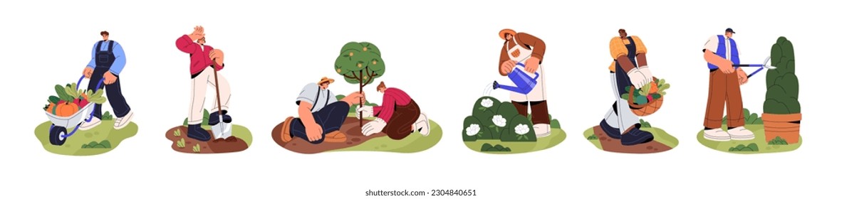 Garden and farm works in summer. Agriculture workers, gardeners, farmers caring about plants, watering flowers, growing trees, vegetables. Flat graphic vector illustration isolated on white background