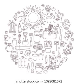 Garden farming doodle icons vector set round shape set