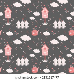 Garden fence, birdhouse, grass, tulip, clouds, flowers. Seamless flat pattern, vector illustration. Pastel colors. Valentine's day, Easter, Spring day. For fabrics, upholstery, covers, paper