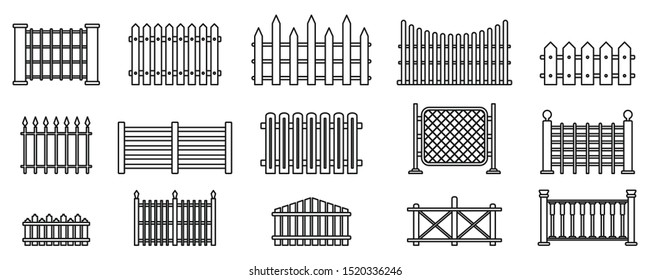 Garden fence icons set. Outline set of garden fence vector icons for web design isolated on white background