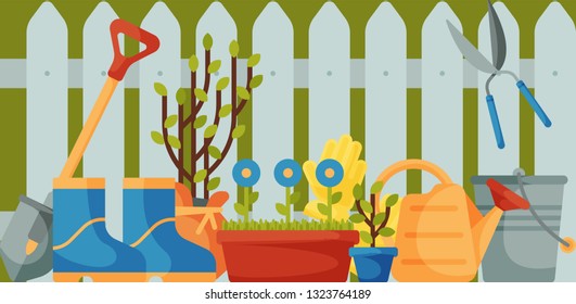 Garden fence with tools banner vector illustration. Gardening equipment such as trowel, fork hoe, boots, gloves, shovel and spade, watering can, secateurs. Tree seedlings.