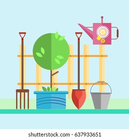 Garden. Fence. Tree in a pot, a seedling.  Garden tools: shovel, forks, rake, bucket, watering can. Illustration in the style of flat. 