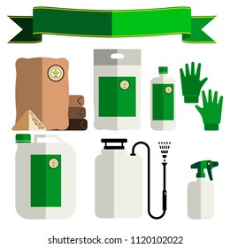 Garden fertilizers, insecticides. Gardening vector icons set, flat style.