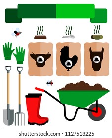 Garden fertilizers, manure. Gardening vector icons set, flat style.