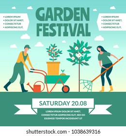 Garden festival. Color poster with a picture of people engaged in gardening