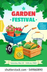 Garden festival colorful poster with rural landscape and advertising of tools inventory seedlings fertilizer  flat vector illustration 
