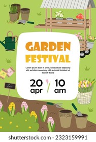 Garden festival poster concept. Farming and agriculture. Beds with flowers and plants, rake and watering can. International holiday and festival. Cartoon flat vector illustration