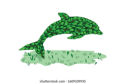 
Garden figure of a dolphin. Shrub sculpture. Artistic pruning of the bush. Multi-colored image. Design element. Vector illustration.
