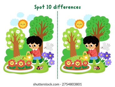 Garden find differences game for children. Spring educational activity with boy gardener watering flowers. Puzzle for kids. Printable worksheet, page for logic, attention with nature scene
