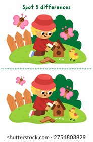 Garden find differences game for children. Spring educational activity with boy gardener building birdhouse. Puzzle for kids. Printable worksheet, page for logic, attention with nature scene
