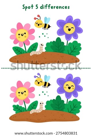 Garden find differences game for children. Spring educational activity with smiling kawaii flowers on the bed with funny bee. Cute puzzle for kids. Printable worksheet, page for logic and attention
