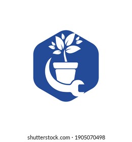 Concepto de logotipo vectorial de arreglo de jardín. Icono de la olla de flores y del logotipo de la llave.	