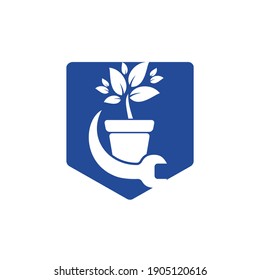 Garden fix vector logo concept. Flower pot and wrench logo icon.	