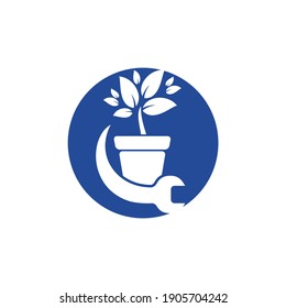 Gartenfixe Vektorlogo-Konzept. Blumentopf und Logo-Symbol mit Schlüssel.	