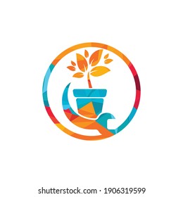 Garden fix vector logo concept. Flower pot and wrench logo icon.	